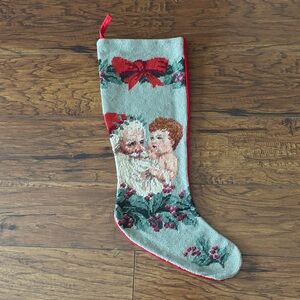 Vintage Needlepoint Christmas Stocking with Santa and Child